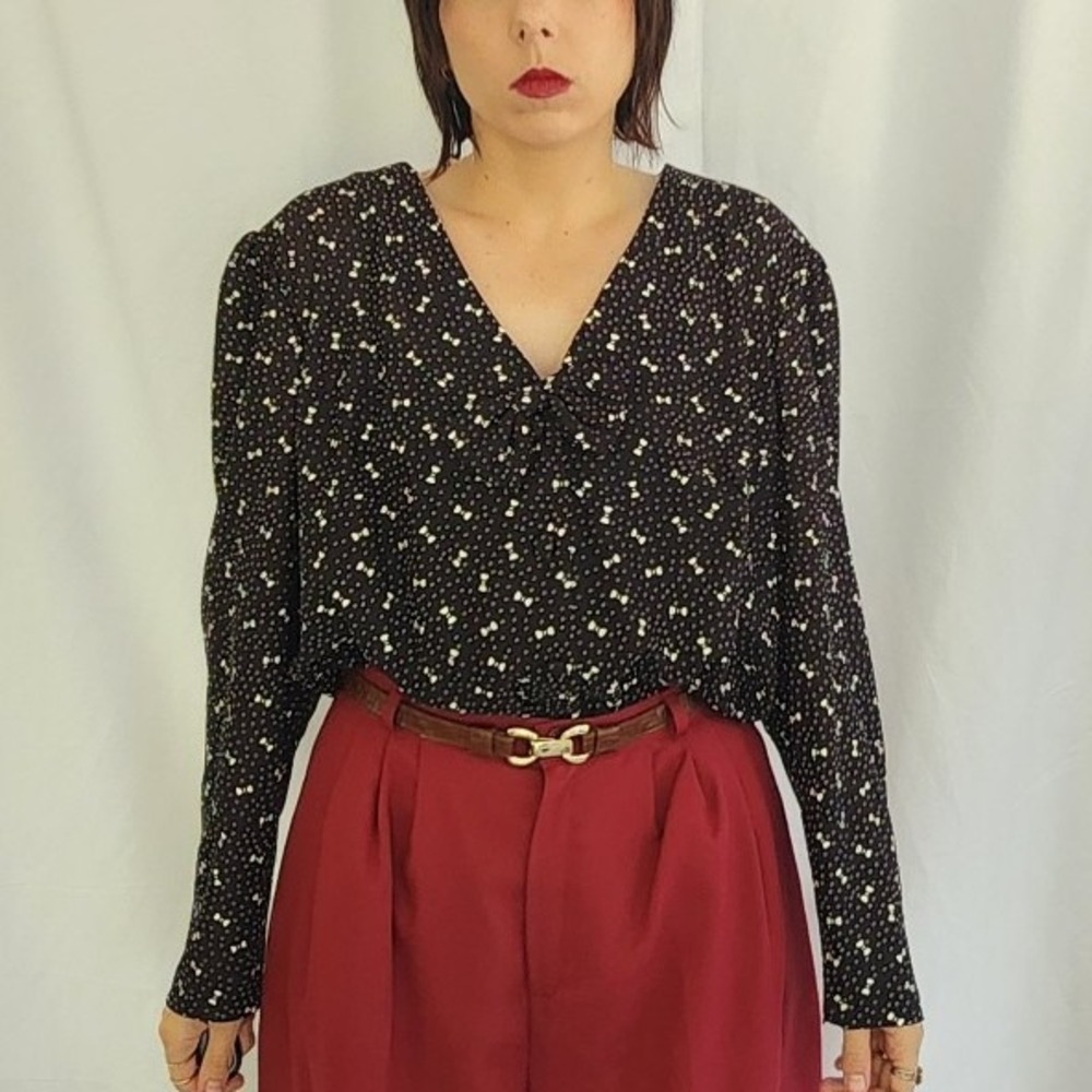 80s Black and White Bow Print Blouse